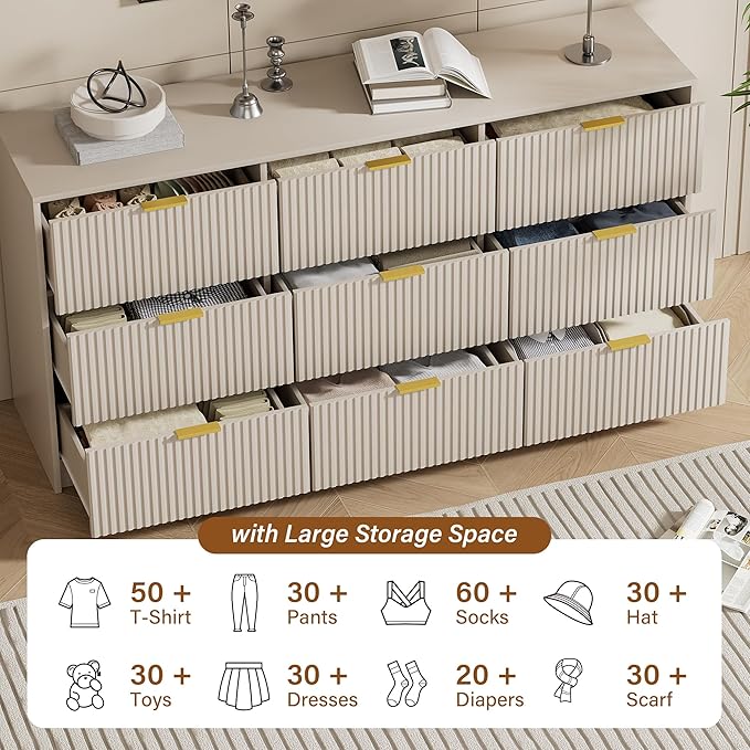Beige Dresser for Bedroom, Modern Dresser with 9 Drawers and Smooth Slides, Wide Chest of Drawers with Golden Handles for Bedroom, Living Room, Closet, 15.7" D x 63" W x 31.5" H