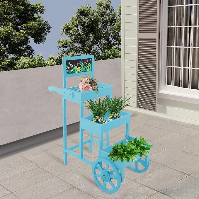 Flower Display Stand | 3-Tier Wood Flower Cart | Flower Cart Display Stand with Wheels | Ladder Shaped Plant stand | Market flower display Stand | Handle & Blackboard (Blue)