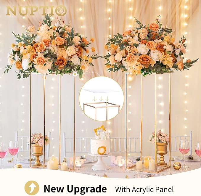 Nuptio Gold Vases for Centerpieces Wedding with Acrylic Panel - 10 Pcs 31.5 inch Tall Gold Vase Wedding Centerpieces for Tables - Geometric Centerpieces Table Flower Stand for Weddings Centerpieces
