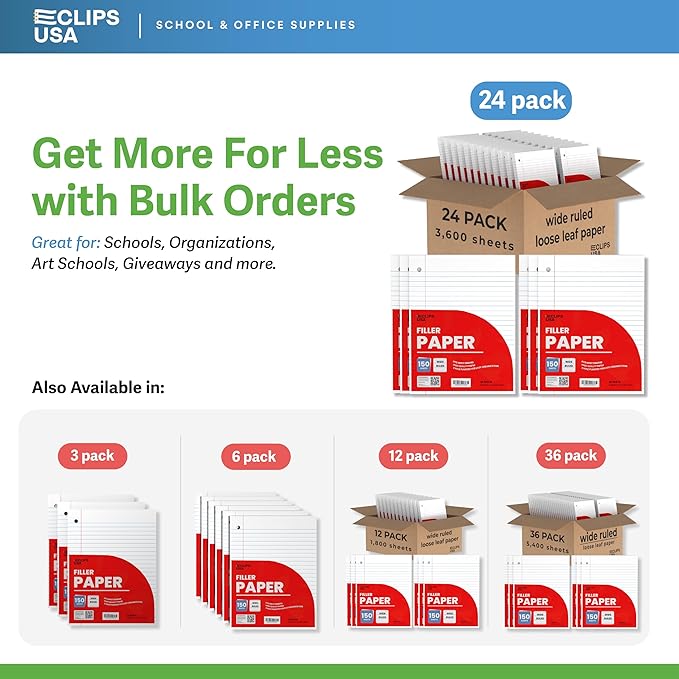 Wide Ruled Loose Leaf Paper Wide Ruled Notebook Paper Lined Writing Filler Paper 10.5” x 8” 56 gsm 3600 Sheets 150 Sheet Per Pack (24 Pack)