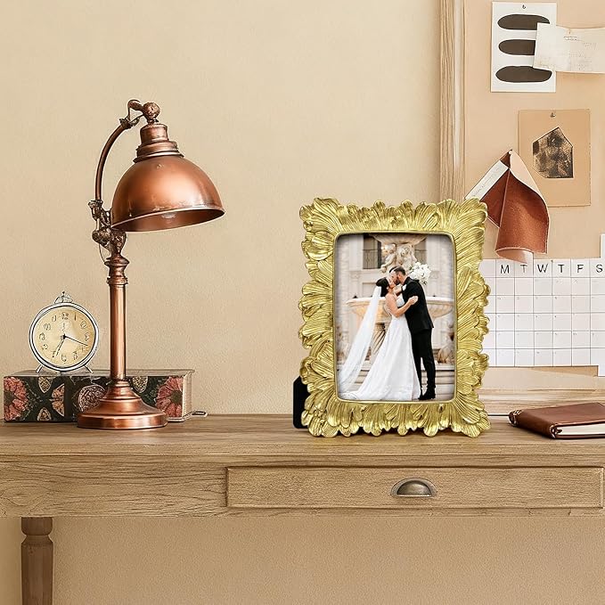 5x7 Vintage Picture Frame Gold, Ornate Leaves Photo Frame with Glass Front, Elegant Picture Frame for Wall or Tabletop Display, Gift ldeas for Home Decor