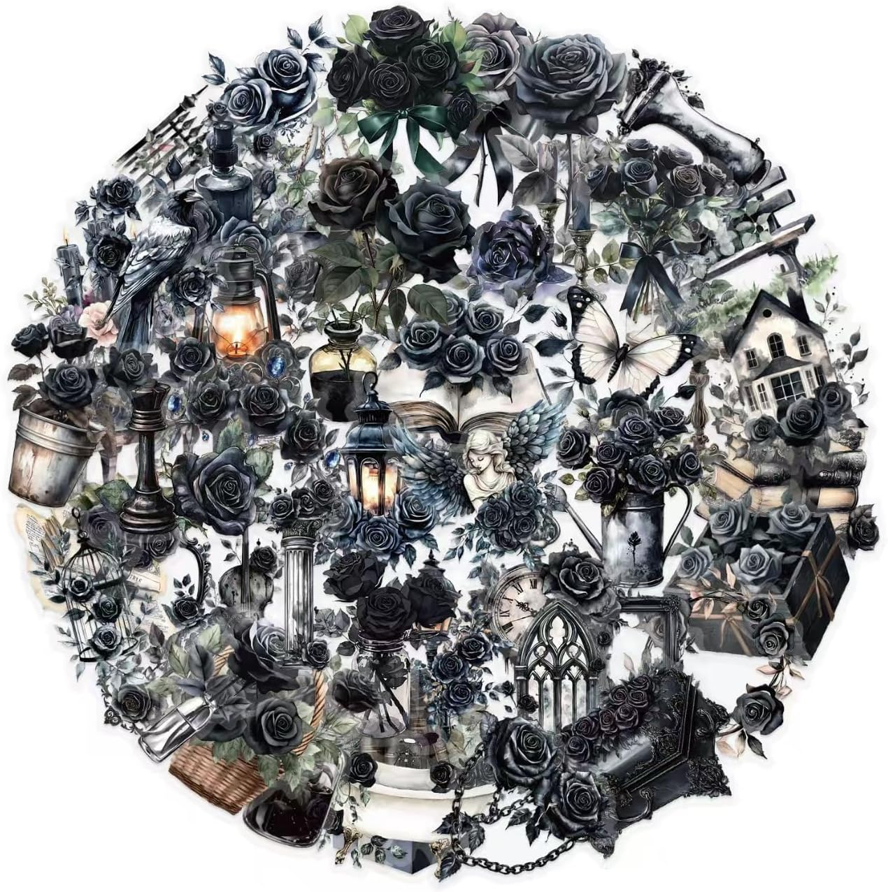 Skiennix Gothic Transparent Stickers - 50 Pcs Black Rose Flower Pack for Scrapbooking & Journaling