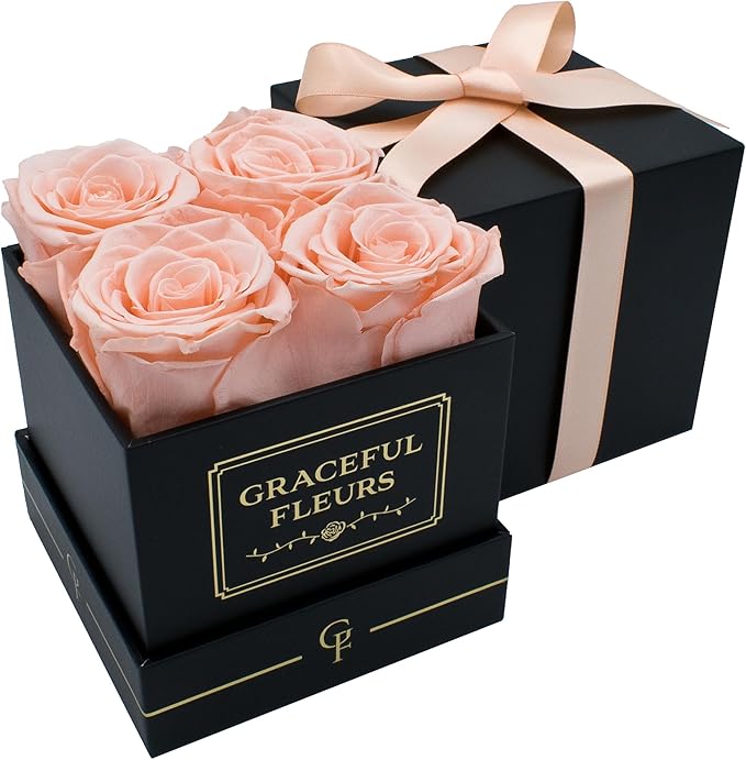 Graceful Fleurs | Real Long Lasting Roses for Years | Preserved Fresh Flowers for Delivery Birthday | Birthday Gifts for Women | Forever Roses in a Box (Light Peach, Black Box, 4 Roses)