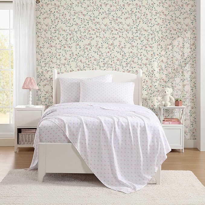 Laura Ashley - Kids Sheet Set, Ultra-Soft & Breathable Toddler Bedding with Matching Pillowcases, Wrinkle-Resistant, Ideal Girl Room Essentials (Lovely Bows Pink, Queen)
