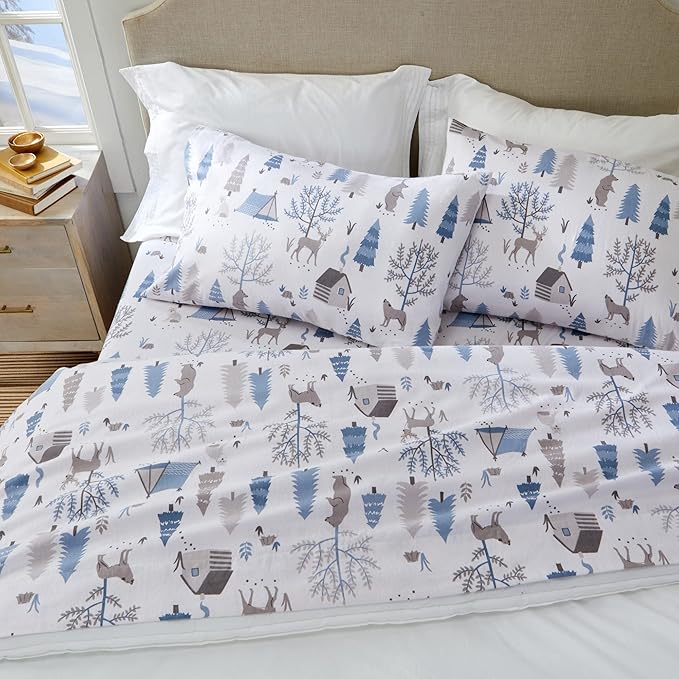 Market & Place 100% Turkish Cotton Flannel Sheet Set | 4 Piece Deep Pocket Novelty Cozy Winter Bed Sheets | Double Brushed for Extra Softness & Comfort | Alpine Collection (King, Winter Wildlife)