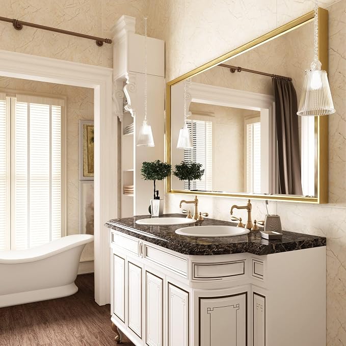 48 x 30 Gold Bathroom Mirror, Brushed Gold Beveled Bathroom Mirror, Shatterproof Large Gold Frame Rectangle Mirror, Brushed Brass Gold Framed Vanity Mirror Vertical/Horizontal Wall-Mounted
