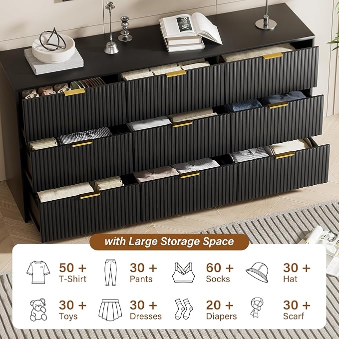 Black Dresser for Bedroom, Modern Dresser with 9 Drawers and Smooth Slides, Wide Chest of Drawers with Golden Handles for Bedroom, Living Room, Closet, 15.7" D x 63" W x 31.5" H