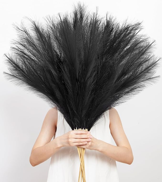 9 Pcs 45" Tall Pampas Grass Black Decor, Long Stem Artificial Flower Floor Vase Large Faux Floral Pompas Fake Plants Dried Bouquet Arrangement Vase Filler for Boho Home Wedding Decoration