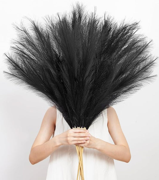 9 Pcs 45" Tall Pampas Grass Black Decor, Long Stem Artificial Flower Floor Vase Large Faux Floral Pompas Fake Plants Dried Bouquet Arrangement Vase Filler for Boho Home Wedding Decoration