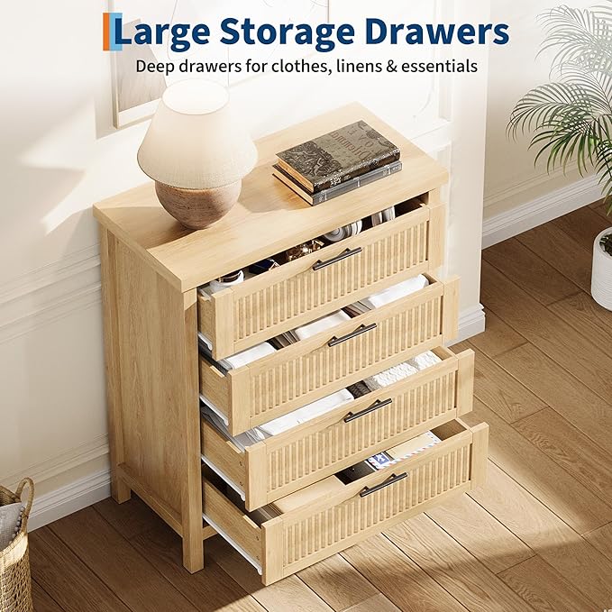 GarveeHome Fluted 4 Drawers Dresser for Bedroom, 35.4 in Tall Chest of Dressers for Closet, 4 Fluted Drawers with Metal Handle, Large Clothes Storage Cabinet for Bedroom, Nursery, Living Room, Natural