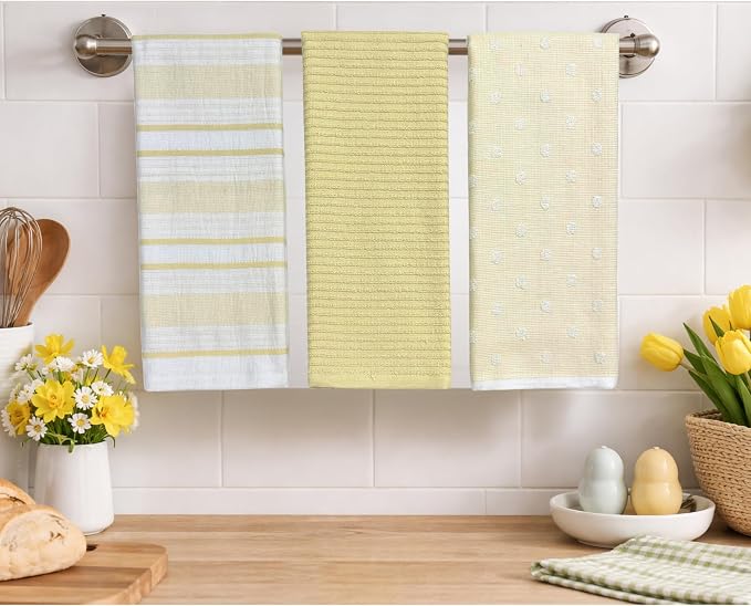 Yellow White Kitchen Hand Dish Towels: Oversized 28" x 16",100% Cotton Cloth Soft Cleaning Drying Absorbent Striped Solid Polka Dot Design, Set of 3 Multipurpose for Everyday Use (Yellow Austin)