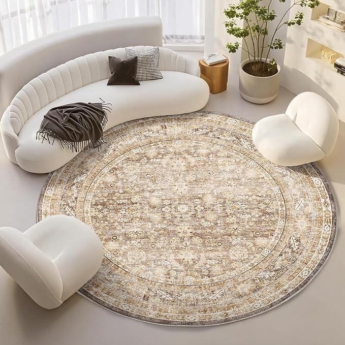 OPPODREAM Vintage Beige Round Rug 8ft, 8 ft Retro Washable Circle Rug Non Slip, Low-Pile Faux Wool Circular Carpet, Distressed Tan Floor Mat for Living Room, Bedroom, Office, Dorm, Dinning Room