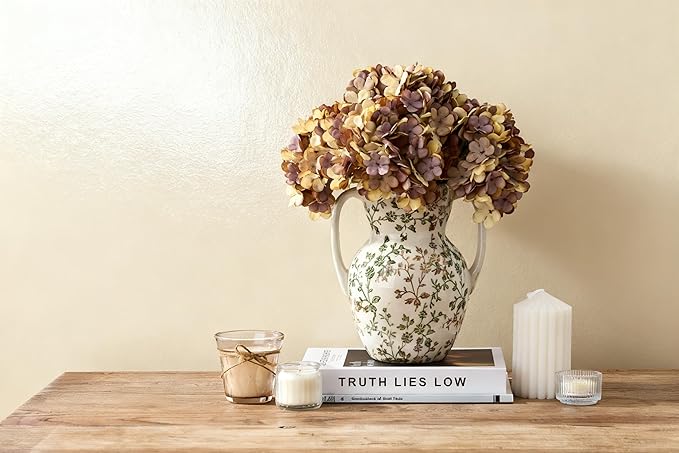 Green and Beige Farmhouse Vintage Vase with 2 Handles, Chinoiserie Floral Vase, Rustic Ceramic Vases for Home Decor, Wedding, Living Room, Table, Shelf Decor - 8.3 Inch Tall