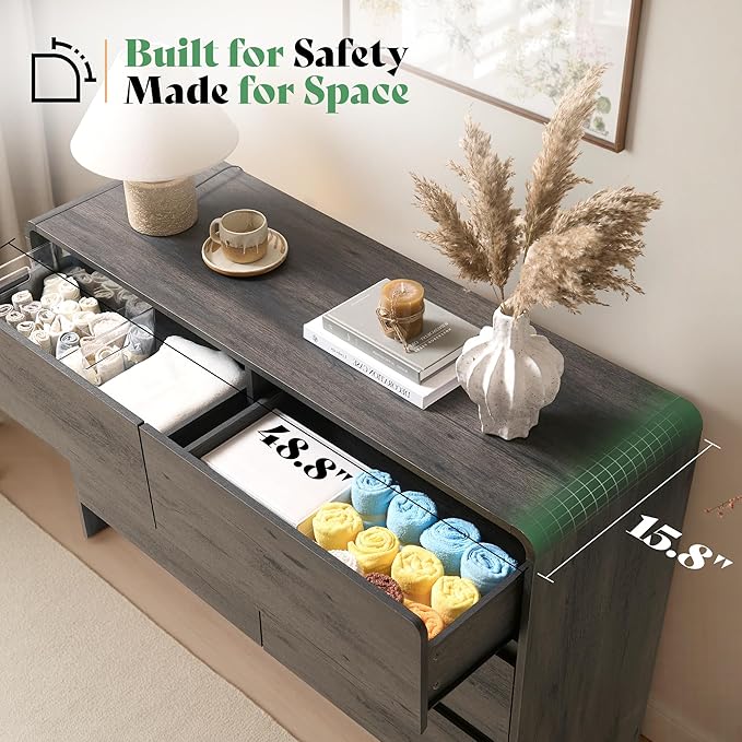 AMERLIFE 6 Drawer Dresser for Bedroom, 49" Wide Modern Chest of Storage Drawers with Rounded Corners, Anti-Tip Kit, Wood Cabinet Organizer for Closet, Living Room, Nursery, Easy Assembly, Black