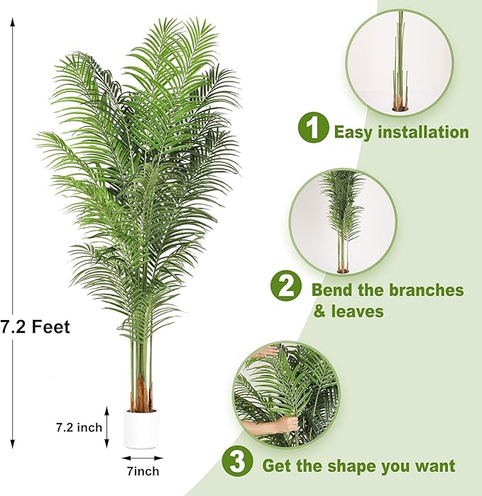 Artificial Palm Tree 7.2Ft Tall Large Fake Plant Indoor Decorative Faux Silk Green Potted Plants for Office Living Room Outdoor Home Decor (2 Pack)