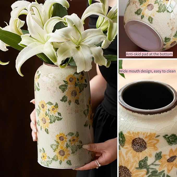 Vintage Pastoral Ceramic Vase, 10.6 inch Yellow and Beige Sunflower Floral Rustic Farmhouse Antique Retro Ice Cracked Chinoiserie Vases for Home Decor Living Room Tuscan Decor (Large)
