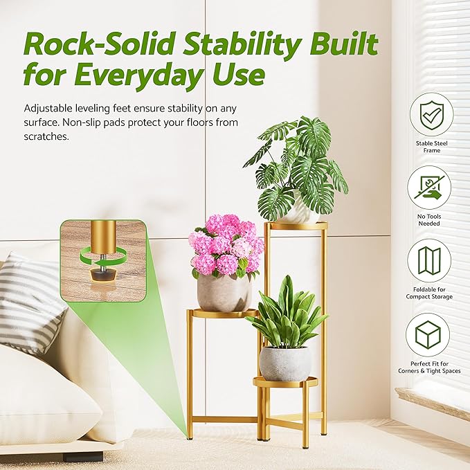 3 Tiered Plant Stand Indoor for Multiple Large Planter, Tall Heavy Duty Adjustable Folding Rack with Rustproof 7.9 Inch Wide Tray, Gold Plant Shelf for Corner Living Room - GoldDisk