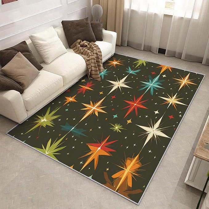 Atomic Rugs for Bedroom 4x4 ft, Abstract Starburst Area Rugs for Living Room, Washable Non Slip Low Pile Mid Century Modern Carpet, Home Decor PF-P 107