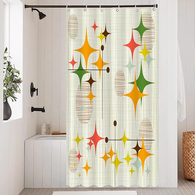 Stall Mid Century Modern Shower Curtain Set Retro Stars Shower Curtains for Bathroom Abstract Vintage Boho Art Waterproof Fabric Bath Curtain Decor (36'' x 72'')