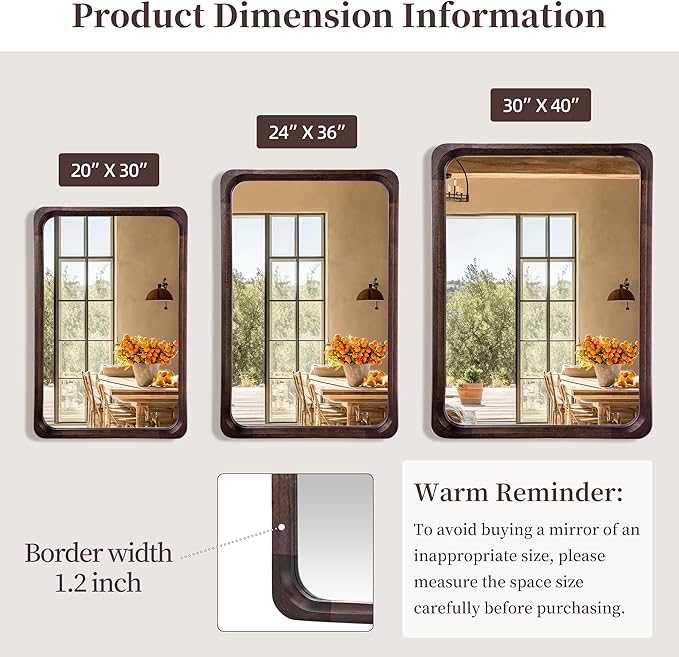 Tanmicoshomy Wood Bathroom Mirror 24 x 36 Inch, Solid Wood Framed Rectangle Mirrors with Tempered Glass for Living Room Bedroom Office or Entryway(Dark Brown)