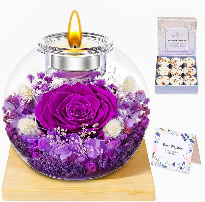 DEEMEI Gifts for Women Christmas Birthday Gifts for Women Preserved Real Rose in Glass Dome with Scented Fresh Flowers for Delivery Prime Eternal for Her Mom Grandma Wife Girlfriend Sister, Purple