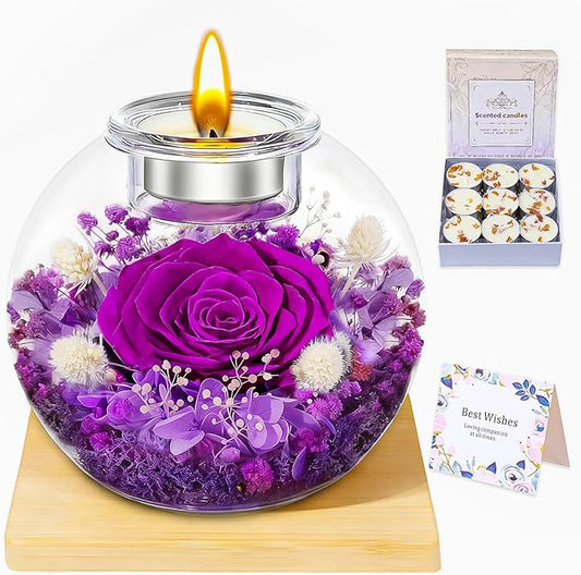DEEMEI Gifts for Women Christmas Birthday Gifts for Women Preserved Real Rose in Glass Dome with Scented Fresh Flowers for Delivery Prime Eternal for Her Mom Grandma Wife Girlfriend Sister, Purple
