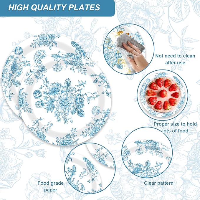 48PCS Blue and White Floral Party Decorations Dessert Plates Napkins Forks Serve 16 Guests