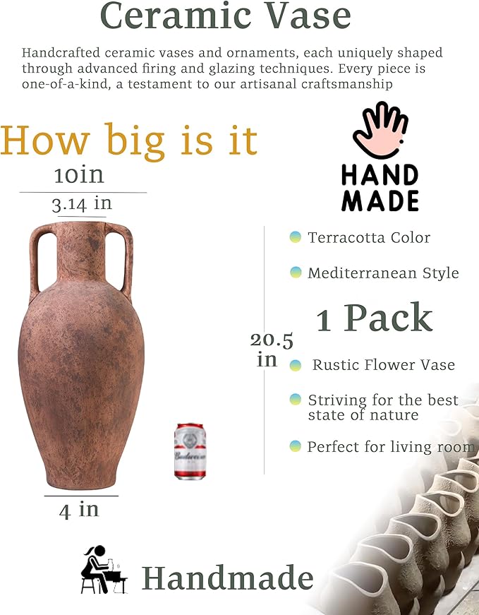 UPWOIGH 20.5in Tall Large Vintage Handles Ceramic Floor Vase, Antique Terracotta Pottery with Beige Speckles and Distressed Brown Markings, Rustic Farmhouse Living Room or Bedroom Decor, Gift 1 Pack
