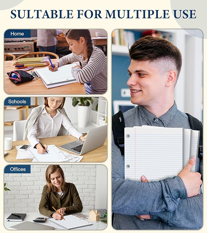 PINJINGPRO College Ruled Loose Leaf Paper, 3 Hole Punch Paper 8 x 10.5, Notebook Paper, Filler Paper for 3 Ring Binders, Lined Paper College Ruled, 100 Sheets/Pack Writing Paper With Lines (4 Pack)
