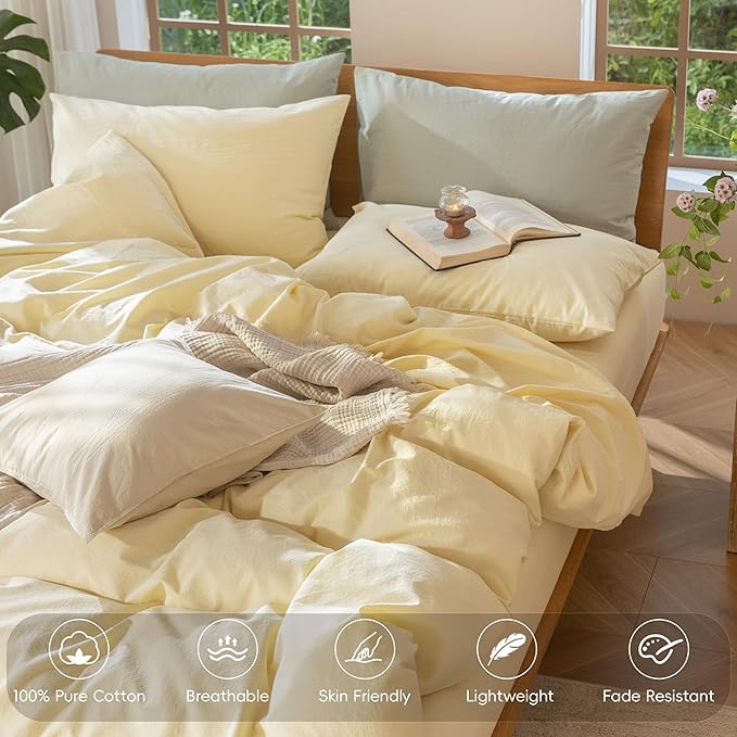 MooMee Bedding Duvet Cover Set 100% Washed Cotton Linen Like Textured Breathable Durable Soft Comfy (Heathered Butter Yellow, King 104"x90")