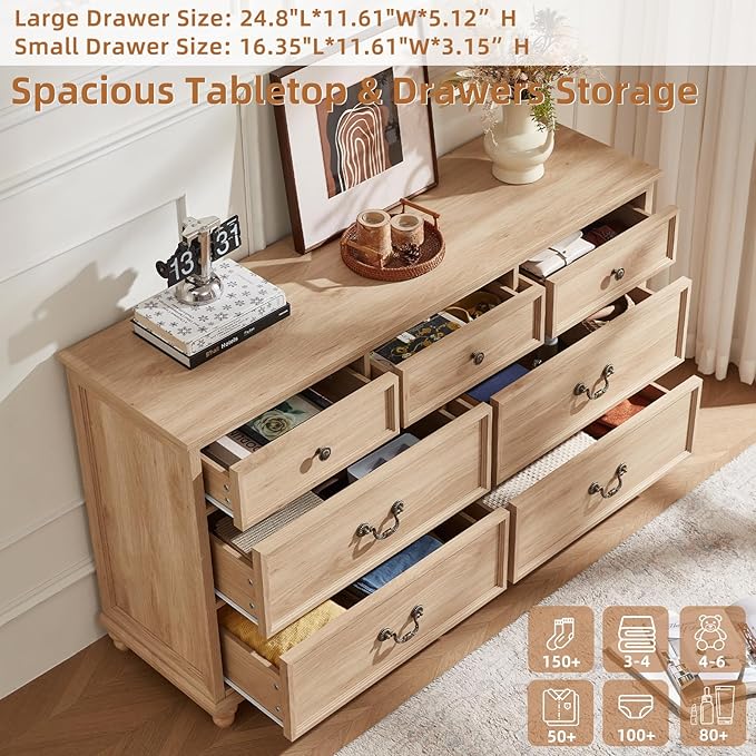 Farmhouse 54" 7 Drawers Dresser for Bedroom, Wide Chest of Drawers w/ 4 Wooden Legs, Vintage Rustic Large Closet Storage Dressers Organizer for Hallway, Wood TV Stand for Living Room, Natural