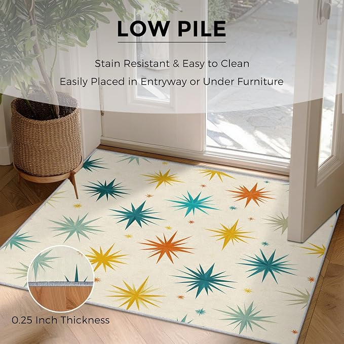 Mid Century Modern Rugs for Living Room Decor, 7x9 ft, Retro Starburst Atomic Area Rugs for Bedroom, Soft Non Slip Washable Geometric Sunburst Carpet Home Decorations D-g48