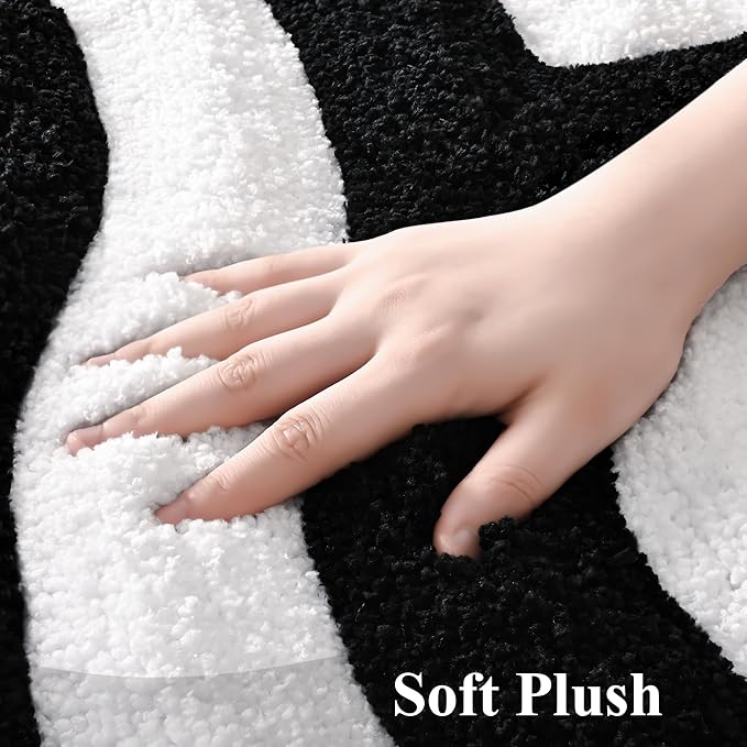 QJHOMO Black and White Cute Bathroom Rugs Non Slip Bath Mat Modern Aesthetic Bathroom Decor, Geometric Striped Bath Rug Fluffy Floor Mats, Thick Microfiber Carpet Machine Washable (18x26 inch)