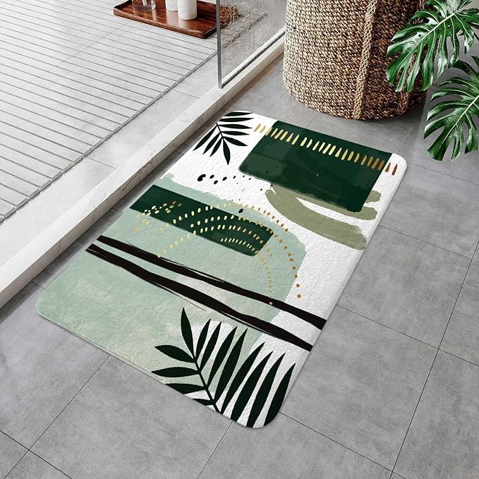 Green Mid Century Bath Rugs for Bathroom, Modern Boho Geometric Abstract Emerald Green Minimalist Striped Non Slip Flannel Bathroom Rug, Dry Fast Water Absorbent Bath Mats, 17x29 Inch