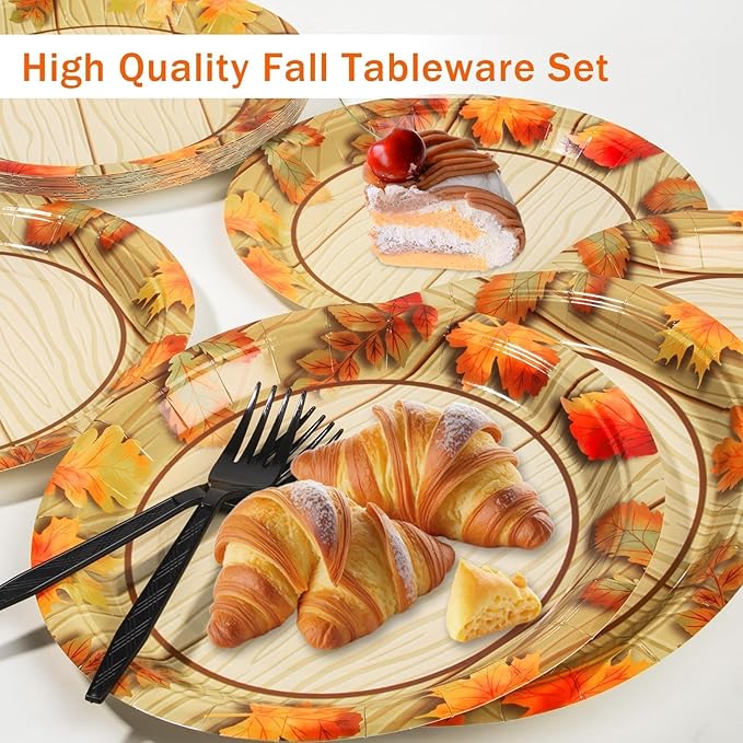 Fall Thanksgiving Birthday Party Plates and Napkins Decorations Kit, Wooden Grain Maple Leaf Tableware Supplies for Birthday Leaves Favors Party Decor Service 24 Guests