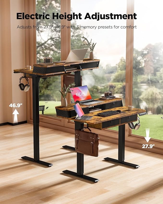 FiCiHi Adjustable Height Standing Desk with 4 Drawers,40 x 24 inches Electric Sit Stand Home Office Desk with Two Tiers, 3 Memory Presets, Monitor Stand Riser, C-Clamp Mount Compatible