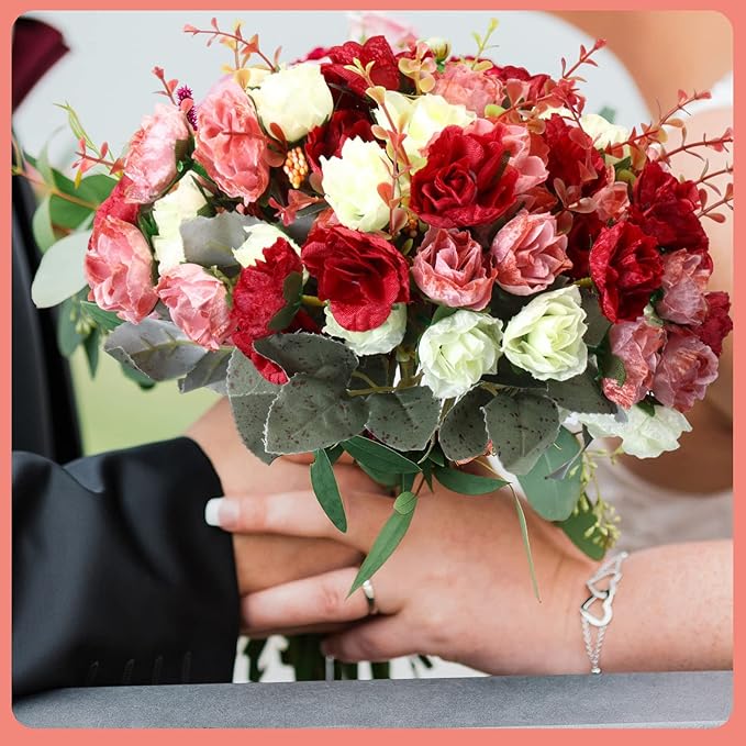 Geosar 8 Pcs Rose Artificial Flowers Fake Flowers Bouquet 21 Heads Silk Faux Floral Bundles with Stem for Home Bridal Wedding Arrangements Table Centerpieces Party Decor (Mixed Colors)