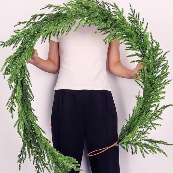 6 Ft Christmas Norfolk Pine Garland Real Touch Artificial Faux Greenery Christmas Garland Decorations for Home Fireplace Mantle Table Stairs Door Indoor Outdoor Holiday Decor