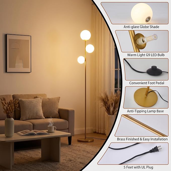 Fiqevs 3 Globe Floor Lamp Mid Century Modern, Gold Standing Lamp with Frosted Glass Shade & LED Bulbs, Tall Pole Light with Foot Switch for Living Room Bedroom Office - Antique Brass