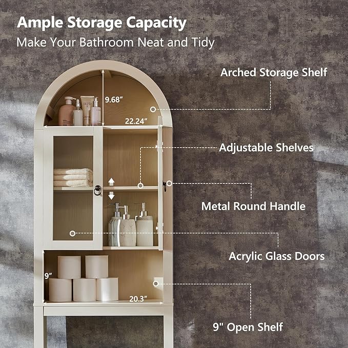 IFGET Arched Over The Toilet Storage Cabinet with Acrylic Doors, Modern Over Toilet Bathroom Organizer Shelf, Small Wooden Bathroom Storage Cabinet with Adjustable Shelf, Space Saver, Cream