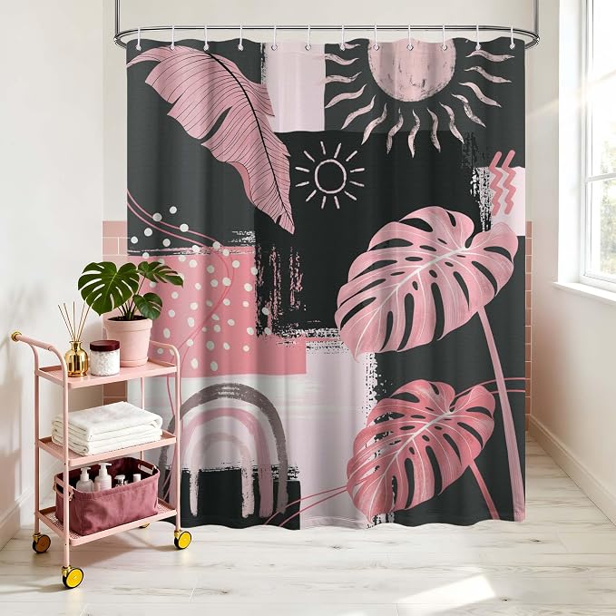 Pink and Gray Mid Century Modern Shower Curtain Bohemian Abstract Light Pink and Grey Shower Curtains for Bathroom Decor Sets, Waterproof Cloth Fabric with Hooks, 72x84 Inch