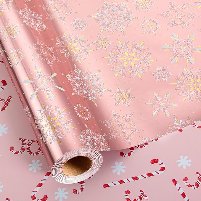 MAYPLUSS Pink Christmas Wrapping Paper Roll - 17IN X 33FT - Gift Wrapping Paper Featuring Gold and White Snowflake Reversible Candy Cane for Kids, Holiday, New Year