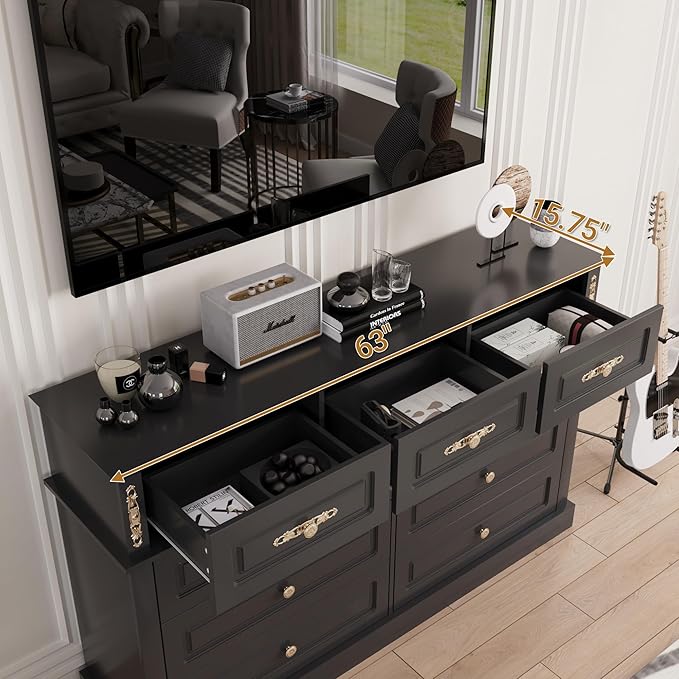 63Wx39H Large Dresser Black,9 Drawers Dresser for Bedroom, Retro Chest of Drawers with Gold Knobs, Wooden Storage Dressers, Bedroom Storage Organizer for Closet, Living Room, Hallway