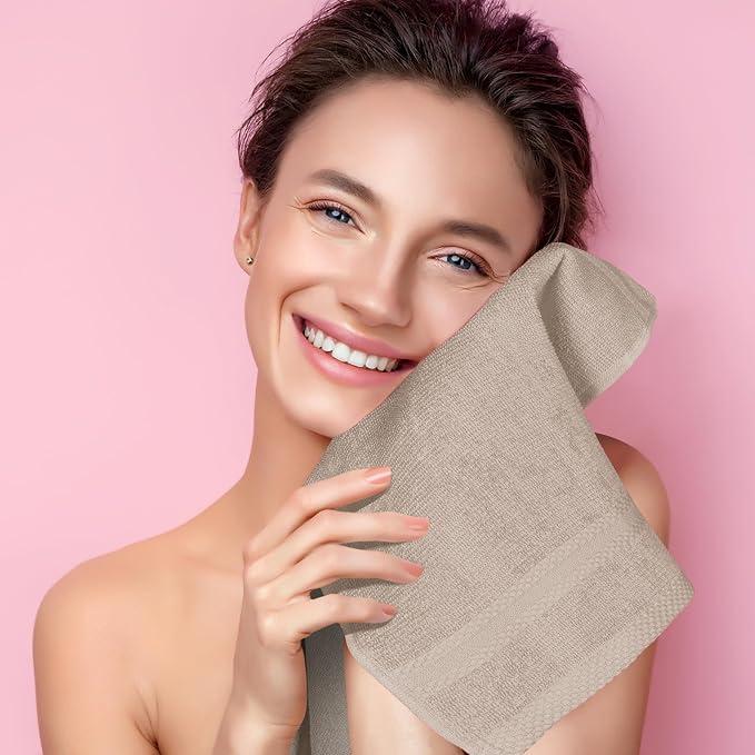 GLAMBURG Ultra Soft 12-Piece Washcloths Set 13x13-100% Ringspun Cotton - Durable & Highly Absorbent Face Towels - Ideal for use in Bathroom, Kitchen, Gym, Spa & General Cleaning - Tan