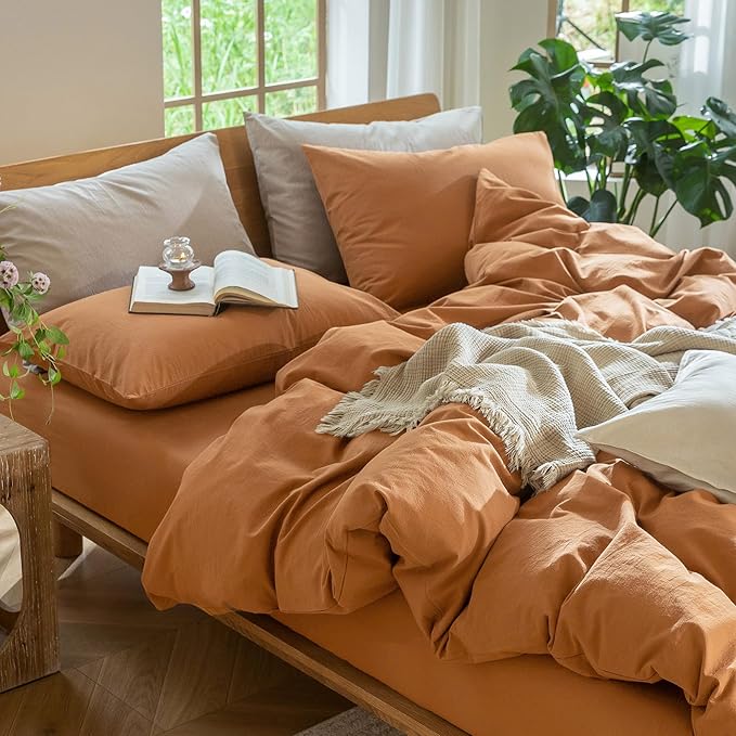 MooMee Bedding Duvet Cover Set 100% Washed Cotton Linen Like Textured Breathable Durable Soft Comfy (Solid Burnt Orange, Oversized Queen 98"x98")