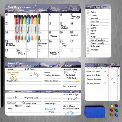 MARSROCK Magnetic Refrigerator Calendar - 16.3x11.7” Weekly & Monthly Planner | Chore Chart & Grocery List with Markers & Eraser, Gray
