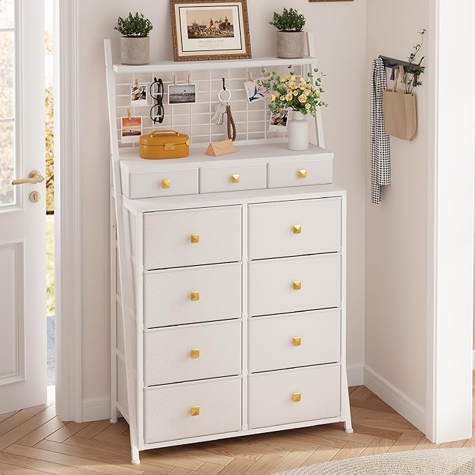 51" H Dresser for Bedroom with LED, 11 Drawer Dresser with Wire Grid Panels & Open Shelves for Entryway, Dorm, White+Gold, 11.8" D x 33.9" W x 51.2" H