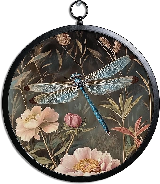XIAOAIKA Vintage Botanical Wall Art with Metal Frame, Round Wood Print Featuring Dragonfly and Pink Peonies, Boho Wall Decor for Living Room, Bedroom, Kitchen, Hallway, 10 Inch