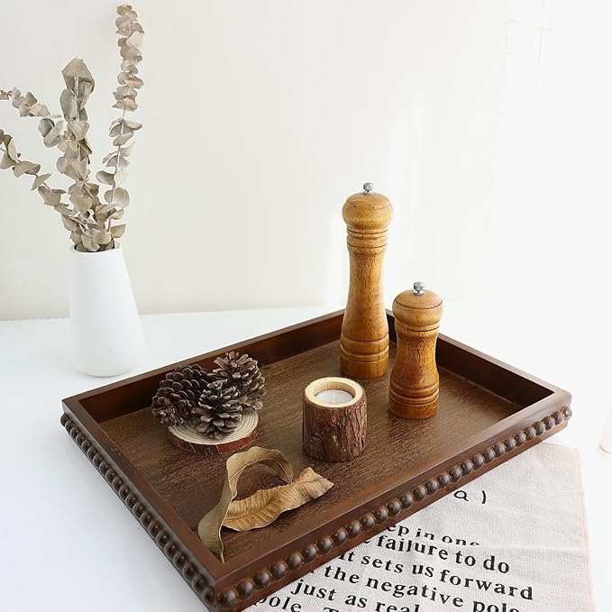 Hrastany Wood Decorative Tray, Distressed Outdoor Serving Tray with Wooden Bead for Ottoman, Coffee Table, Entertaining, Home Decor, Rectangular 15.7”*11.8”*1.57” (Dark Brown)