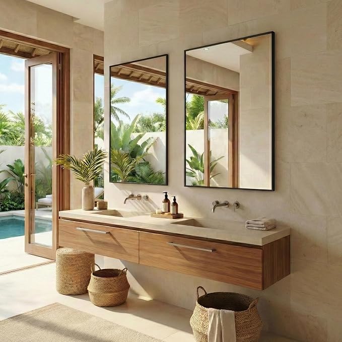 48"x30" Black Landscape Bathroom Mirror for 48-60 inch Vanity, Shatterproof Tempered Glass, Narrow Metal Frame, Ultra-Flush Mount